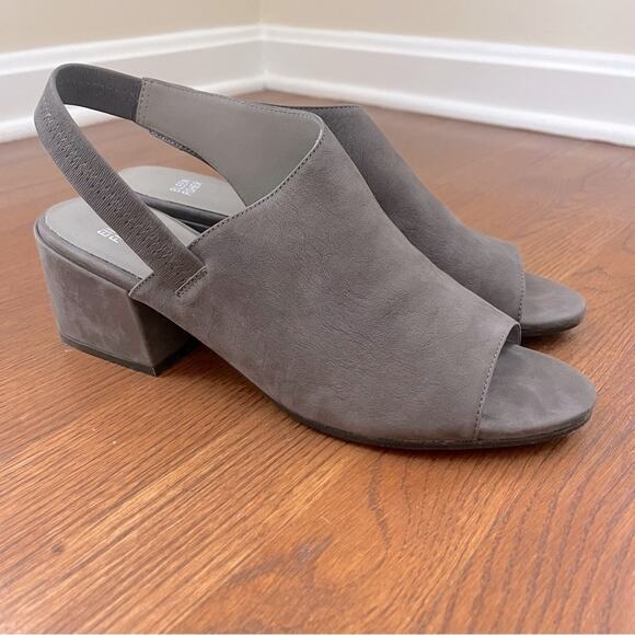 Eileen Fisher Charcoal Gray Sling Back Suede Chunky Heel Peep Toe Shoes Sz 11 - Picture 1 of 8